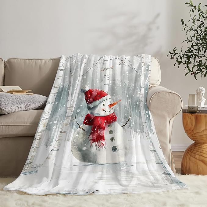 Snowman Blanket Ultra Soft Cozy Birch Tree Snowman Throw Blanket Fleece Fuzzy Plush Winter Christmas Blanket Decor Gifts for Women Girls Adults Couch Sofa 50"x40"