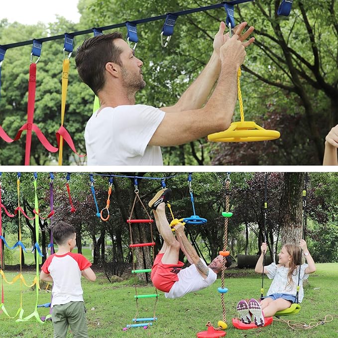 Craft Ninja Warrior Obstacle Course Accessories Kids Outdoor Play - 7pc Rings, 2pc Swing Trapeze Wheels & 2pc Monkey Bars