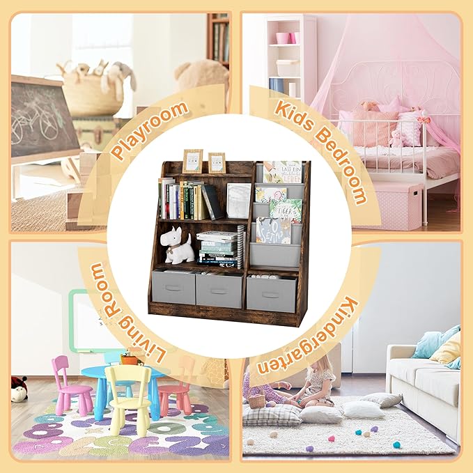 Rustic Kids Bookshelf Wood Montessori Toy Storage Organizer Cabinet Shelf Child Bookcase Toddler Baby Sling Book Rack 3 Cube Bin Fabric Drawers for Playroom Bedroom Nursery School