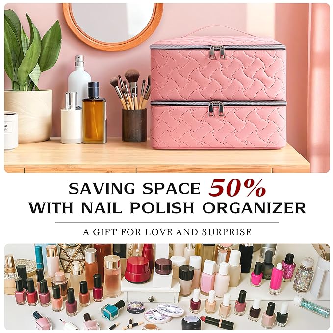 DreamGenius Nail Polish Organizer Case Holds 42 Bottles, Portable Double-Layer Nail Polish Storage Bag with Adjustable Dividers for Manicure Tools, Pink