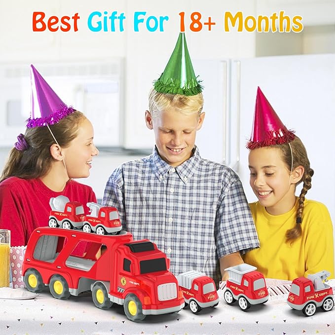 Veslier Toddler Car Toys for 3 4 5 Years Old Construction Transport Truck with 4 Pack Small Pull Back Construction Vehicles Friction Power Cars Christmas Birthday Gifts for Kids Boys Girls
