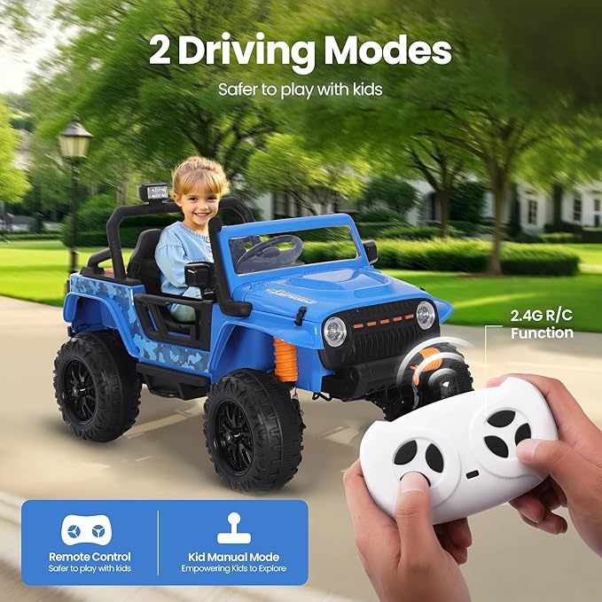 24V 4WD Ride on Jeep for Kids, Electric Ride on Car with Remote Control, LED Lights, Bluetooth Music, Off-Road Power Wheels, Toy Gift for Boys & Girls Ages 3+, Blue