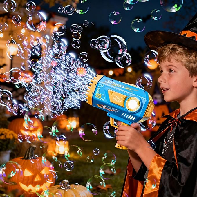 BOMOCO Bubble Gun,125 Holes Bubble Machine Bubbles for Kids Age 3-12,Bubble Blaster Gun with Bubble Solution Summer Outdoor Bubble Toys Birthday Wedding Halloween Party Favors Gifts Bubble Maker,Blue