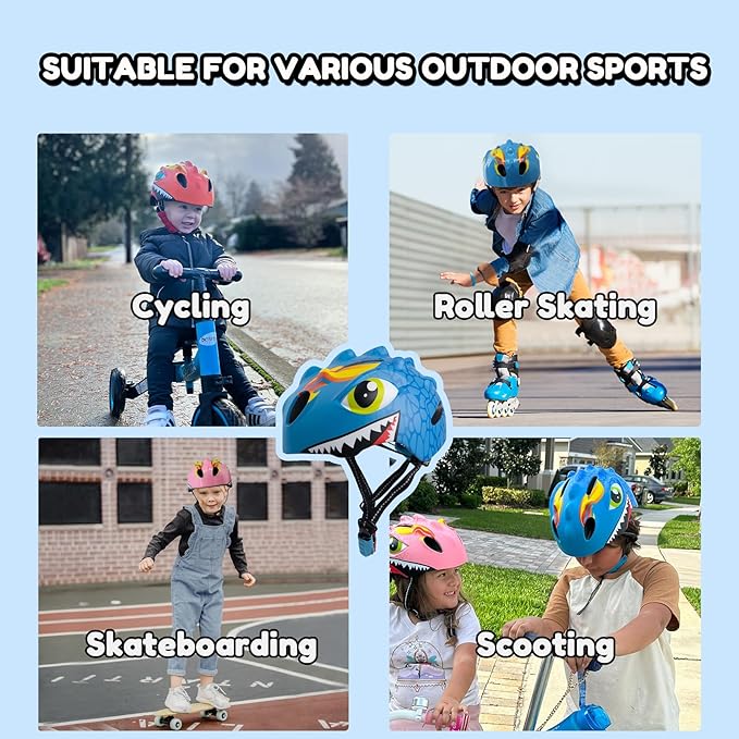 Toddler Helmet Kids Bike Helmet for 2 3 4 5 6 7 8 Years Old Girls with 3D Dinosaur Design Protective Gear Set and Safety Certified, Toddler Bike Cycling Skating Skateboard Scooter Helmet