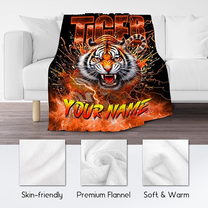 Kids Throw Blanket Custom Tiger Gifts for Boys Toddler, Fleece Soft Cozy Personalized Throw for Son Grandson (4 Sizes)