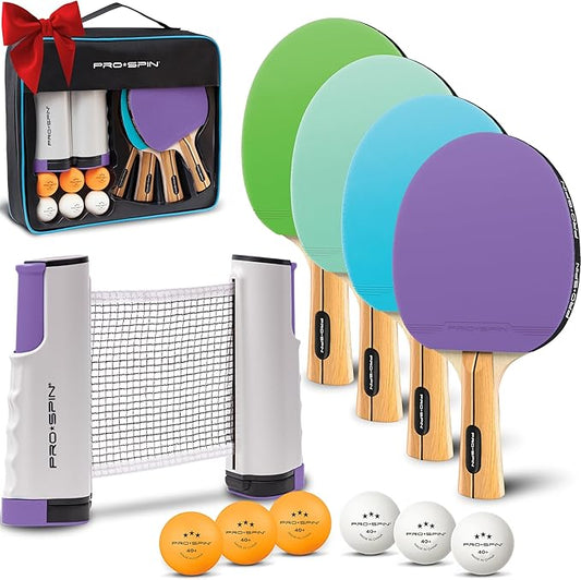 PRO-SPIN Portable Ping Pong Set with Retractable Ping Pong Net for Any Table, All-in-One Table Tennis Set with Ping Pong Paddles, Balls & Case, Table Top Family Game