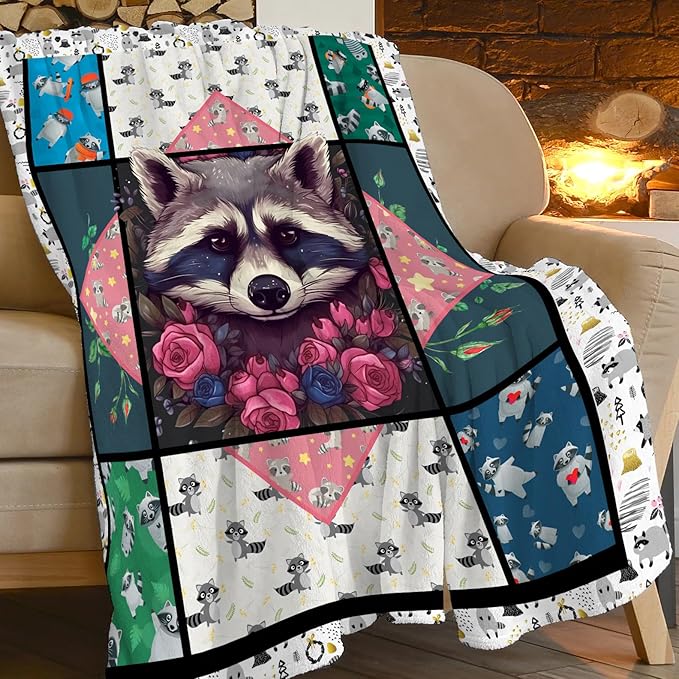 Raccoon Blanket Cute Raccoon Throw Blanket Ultra Soft Cozy Fleece Gift Fuzzy Plush Bedding Blankets for Kids Teens Adults Girls Boys Women Men 60"x50"