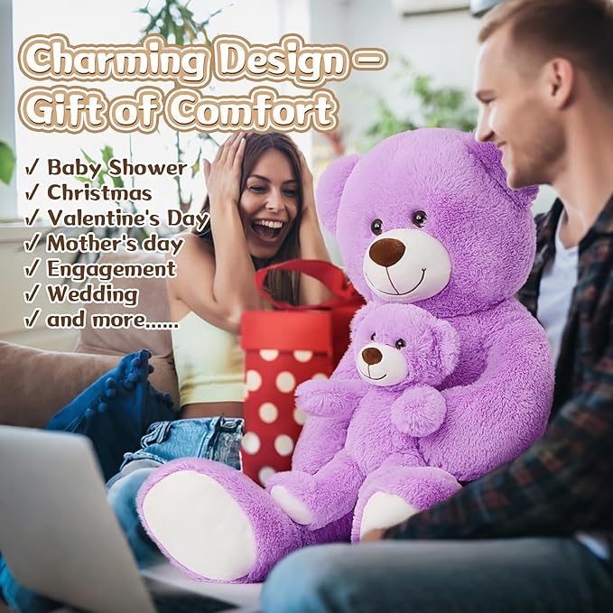 MorisMos Mom and Baby Giant Teddy Bear, 39inch Soft Big Teddy Bears Stuffed Animal Plush for Baby Shower, Purple