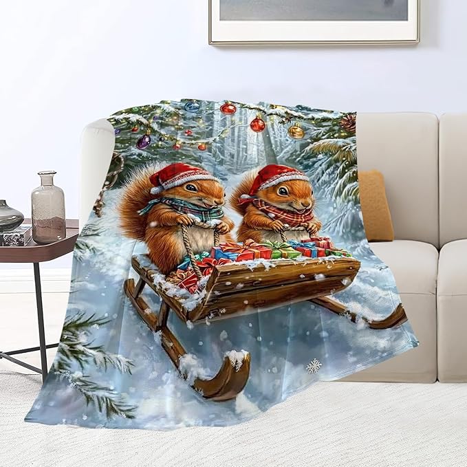 Christmas Squirrel Blanket Cute Animal Throw Blankets Gifts for Girls Boys Kids Squirrel Lover Soft Cozy Fleece Plush for Couch Sofa Bed 60"x50"