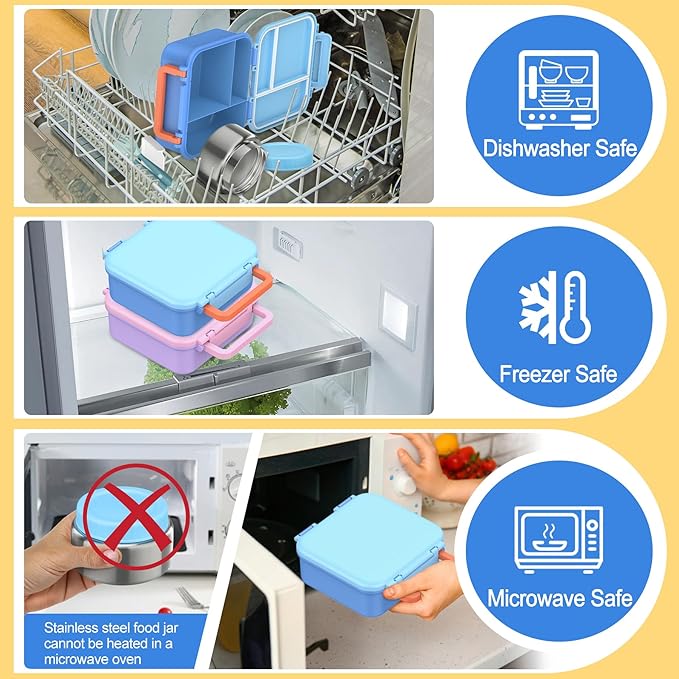 Bento Lunch Box for Kids with 9oz Thermo, Leak-proof Lunch Containers with 3 Compartments,Kids-friendly Size,Durable/Dishwasher Safe Lunch Box for School Outdoors-Blue