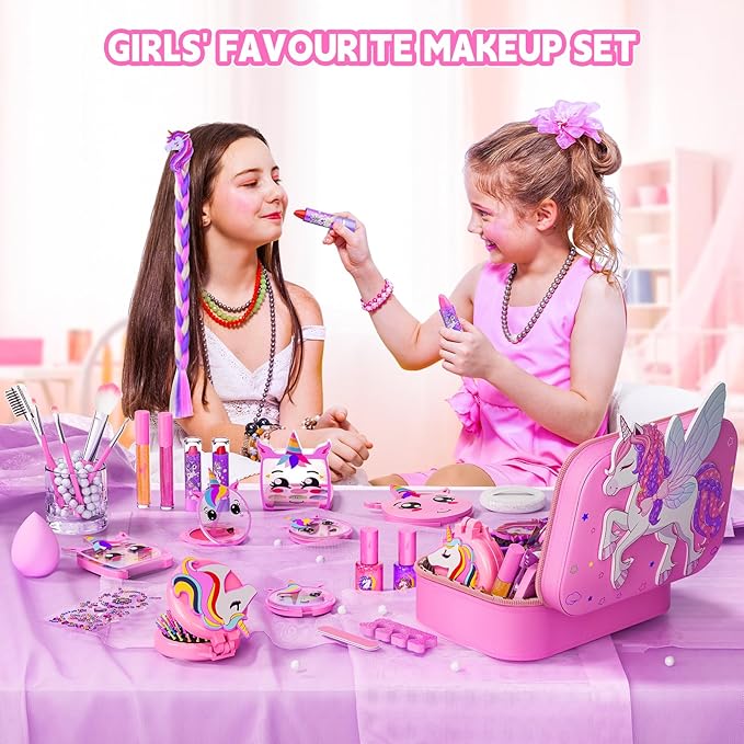 Kids Makeup Kit for Girls - Girls Makeup Kit Toys, Real Washable Cosmetic Set with Storage Case, Kids Play Makeup Set for Christmas Birthday Gift 3 4 5 6 8 10 11 12+ Years Old, Pink