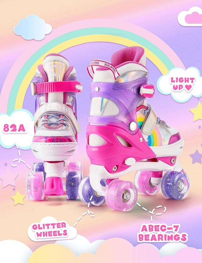 SULIFEEL Rainbow Unicorn 4 Size Adjustable Light up Roller Skates for Girls Boys for Kids