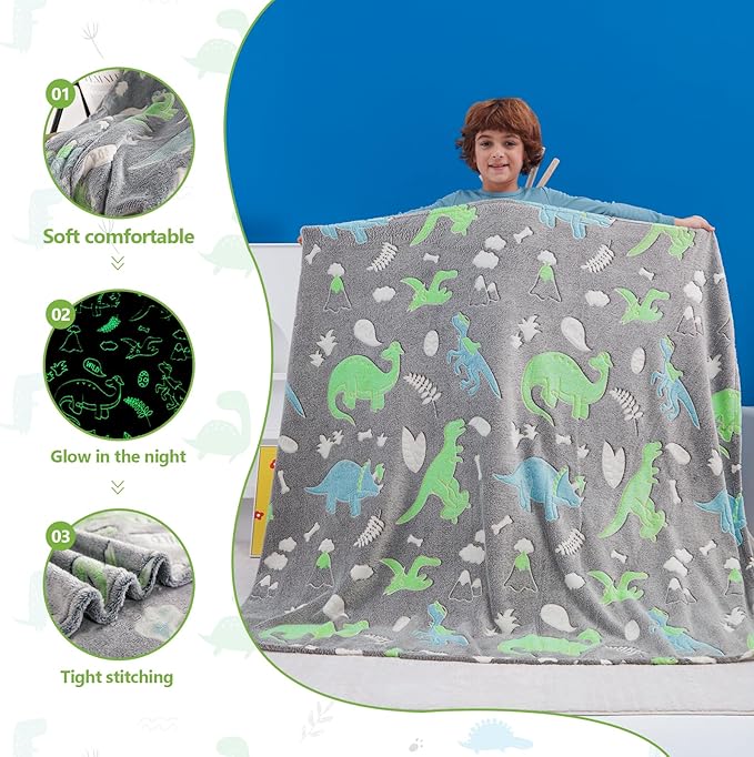 QSTEHEML Dinosaur Glow in The Dark Blanket,Dinosaur Gifts for Boys Age 3 4 5 6 7 8 9 10 11 12 Year Old, Soft Throw Blanket for Kids - Christmas Birthday Bedroom Decor 50"×60"