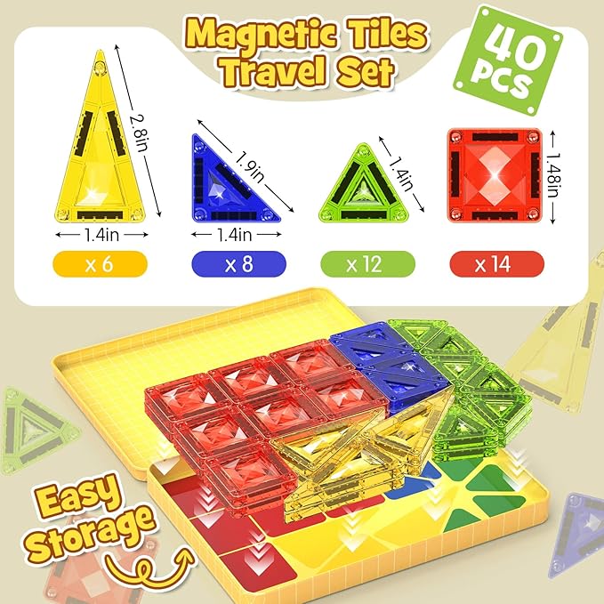 Mini Magnetic Tiles Travel Set - 40PCS Diamond Texture Magnetic Building Blocks for Kids, 10% Thicker & Portable Yellow Metal Storage Box, Montessori STEM Educational Toys Gift for Ages 3+