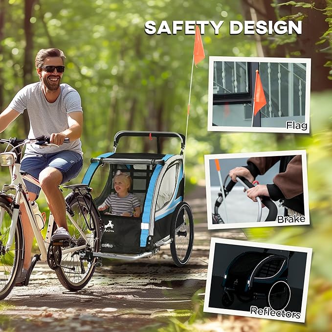 Aosom 3-in-1 Walk/Jog/Ride Child Baby Bike Trailer for Kids 2 Seater, High-Visibility Bike Stroller for Toddler Wagon, Weather-Strong Double Bicycle Trailer Accessory for Kids