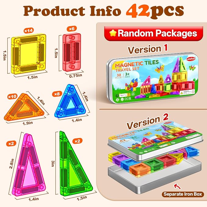Mini Magnetic Tiles Travel Magnetic Tiles with Iron Box,42PCS Magnet Building Block Set Travel Toys for Kids Ages 3+,Educational Portable Magnet Toys Gifts for Toddlers Boys & Girls Christmas Birthday