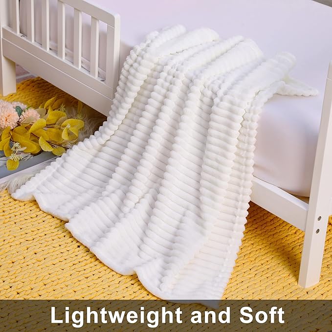 NTBAY Plush Flannel Oversized Baby Blanket, 50X60 Inches Soft and Warm Toddler Blanket with Striped Texture Nursery Bed Blanket for Stroller, Crib, Travel, Baby Gift, 50"x60", White