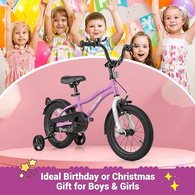 COSTWAY 12/14/16/18 Inch Kids Bike, Children Toddler Bicycle with Training Wheels, Adjustable Seat & Handlebar, Handbrake & Coaster Brake, Reflectors, Bell, Suitable for 3-8 Years Old Boys Girls