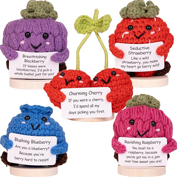 Flirty Berry Pack — Crochet Stuffed Berries Bulk Variety Pack w/Stand (5 pc). Handmade Crochet Figurines Decor - Desk, Office, Coworker, Friend