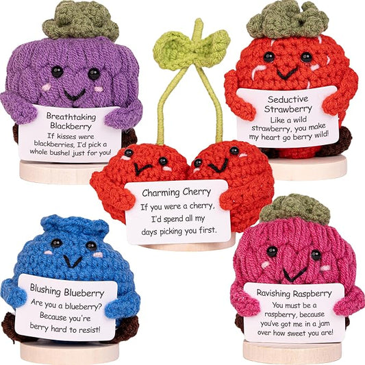 Flirty Berry Pack — Crochet Stuffed Berries Bulk Variety Pack w/Stand (5 pc). Handmade Crochet Figurines Decor - Desk, Office, Coworker, Friend