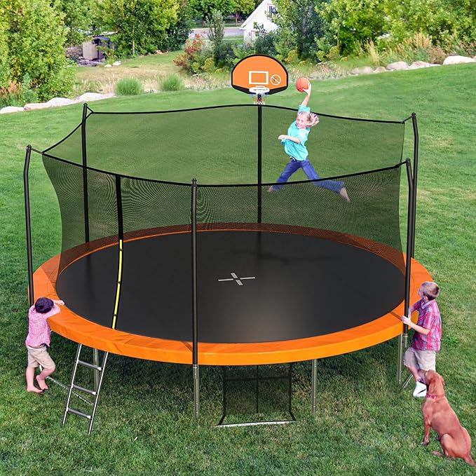 SKOK Trampoline 8FT 10FT 12FT 14FT 15FT Trampolines with Enclosure Net, 400LBS Outdoor Trampolines for Kids with Basketball Hoop-ASTM Approved Trampoline for Children and Adults with Ladder