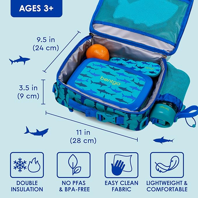 Bentgo Kids Lunch Bag - Durable, Double-Insulated Lunch Bag for Kids 3+; Holds Lunch Box, Water Bottle, & Snacks; Easy-Clean Water-Resistant Fabric & Multiple Zippered Pockets (Shark)