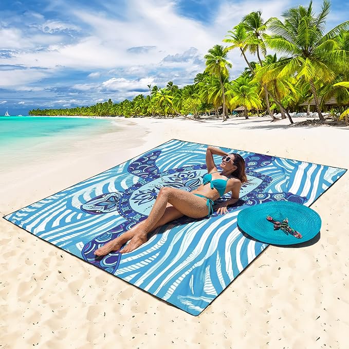 Beach Blanket Waterproof Sandproof Beach Mat 79" X 83"/10'x9'for 2-8 Adults Quick Drying Outdoor Picnic Mat Beach Accessories for Travel, Camping, Hiking