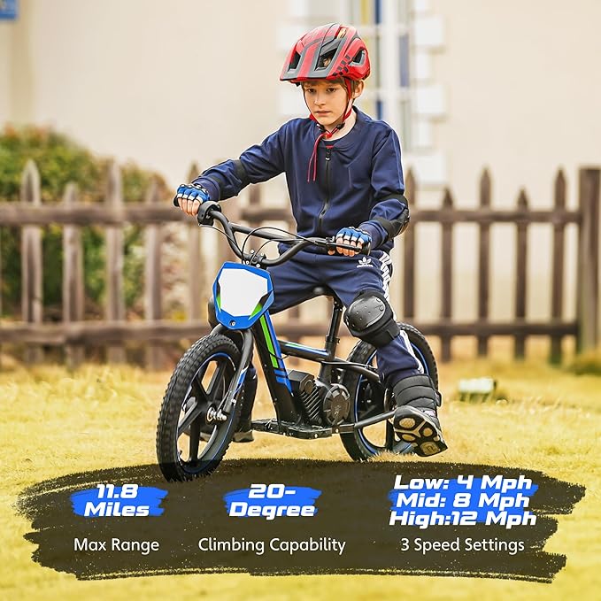 OLALA Electric Dirt Bike for Kids Aged 5-10, 340W Racing Grade Electric Motorcycle with Aluminum Frame, Up to 12MPH & 3 Speed Settings, Safe Disc Brakes, 16IN Knobby Tires