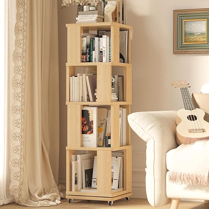 4 Tier Solid Wood Rotating Bookshelf Tower on Wheels, 360° Upgrade Spinning Book Shelf, Revolving Bookcase Organizer, Swivel Bookshelves for Small Spaces, Corner, Bedroom, Kids Room, Office (Natural)