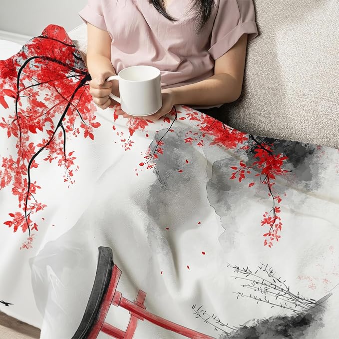 Japanese Samurai Blanket for Women Mens, Japanese Cherry Blossom Fleece Blanket Gifts for Boys Girls, Warm Cozy Soft Flannel Stuff for Bed Sofa Couch 50" x 40"