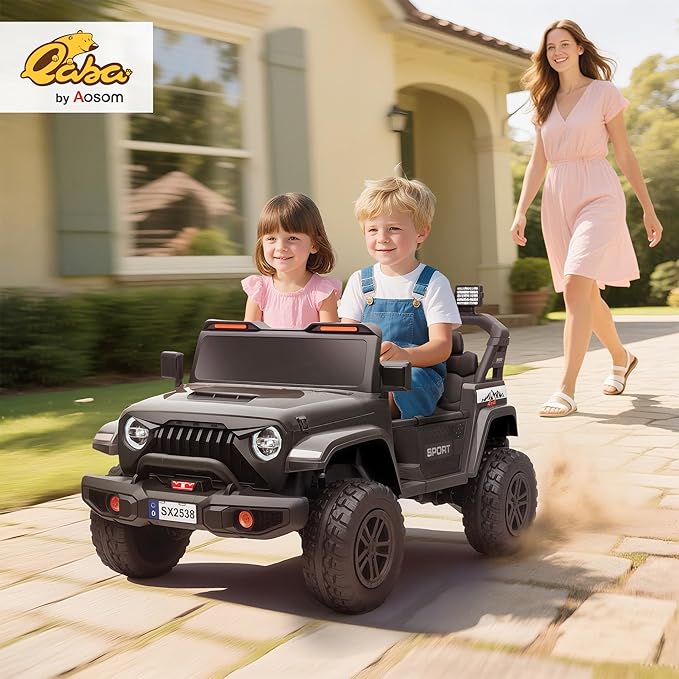 Qaba 24V 2-Seater Kids Ride on Truck Car, 44-50" L Adjustable 4WD Electric Car, 5 MPH Max Speed, Remote Control, Spring Suspension, Storage and LED Lights for Kids Ages 37-95 Months, Black