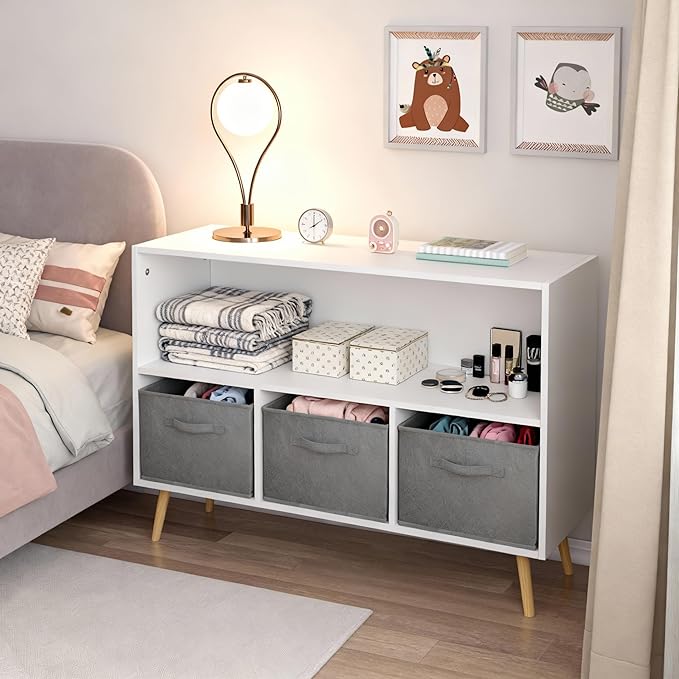 Kids Bookshelf, Wooden Bookshelf with 3 Collapsible Fabric Drawers and Pine Legs, Kids Bookcase with Storage for Books & Toys, White Multifunctional Bookcase for Nursery & Bedroom