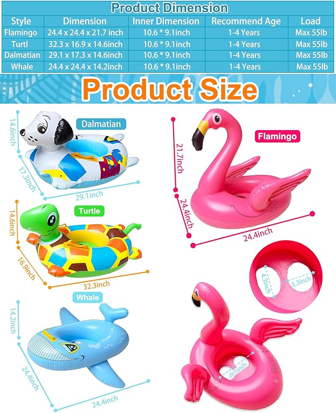 4 Pack Inflatable Pool Floats for Toddler Age 1-4 Animal Swim Tube Rings for Kids Infant Baby Ride on Beach Floaties with Safety Seat&Handle for Summer Lake Pool (Flamingo, Turtle, Whale, Dalmatian)