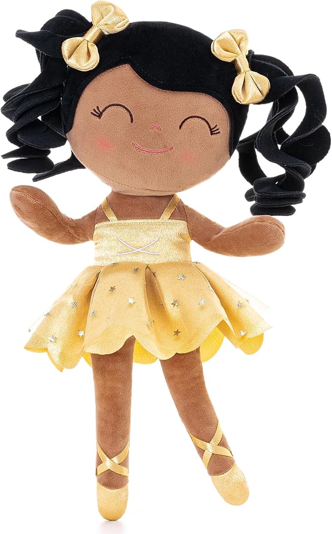 Gloveleya Baby Dolls Soft Snuggly Curly Hair Ballerina Doll First Baby Girl Gifts Plush Tanned Ballet Doll with Lace Mesh Dress Golden Ballerina Series