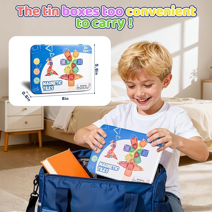 Mini Magnetic Tiles Toddler Travel Essentials Set, 42PCS Magnetic Building Blocks Montessori Educational Tiles Portable Sensory Toys for Aged 3+ Boys Girls Birthday Gift