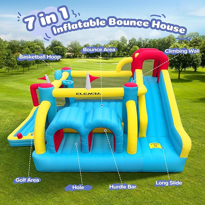 ELEMARA 7 in 1 Inflatable Bounce House, 15x12’XL Golf Inflatable Bouncer with Blower, Bounce House with Slide,Golf Area, Double Tunnels,Climbing Wall, Jumping Castle, Holds 6 Kids