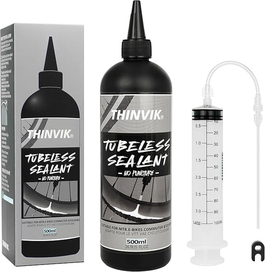 Thinvik Tubeless Tire Sealant 500ML/16.9oz No Puncture Hassle and Leak Prevention for Road Bike MTB CX and Gravel Bicycle Tubeless Tyres Sealant Injector Set/500ML(Single)