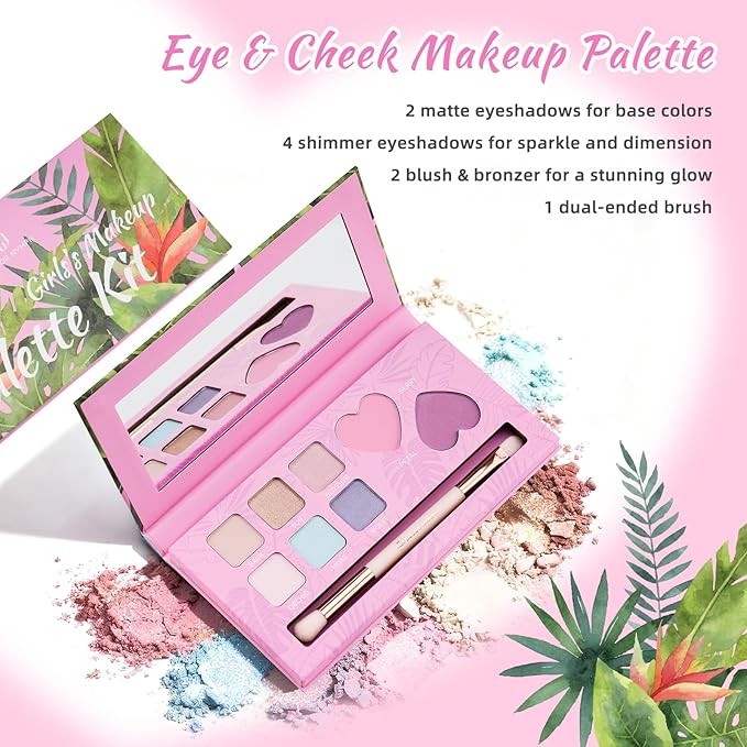 Color Nymph Girls Eye & Cheek Makeup Palette Kit - Eyeshadow & Blush & Highlighter Palette for Teens Girls Tweens, Beginner-Friendly, Gentle Makeup Kits for Starter, Makeup Gift for Christmas (Pink)