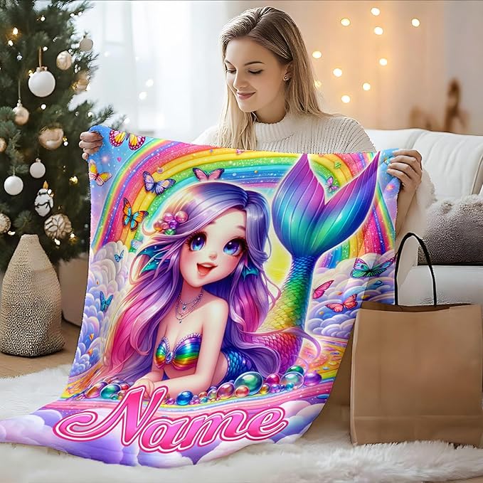 Kids Blanket for Girls Personalized Mermaid Gifts for Daughter, Custom 60x50 Inches Cozy Fluffy Rainbow Mermaid Blankets Throws for Bedroom Couch Camping Living Room