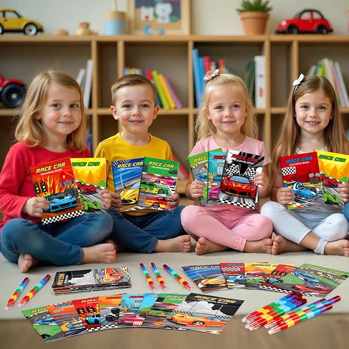 BenLouis 12 Race Car Mini Coloring Books Kids with 12 Stacking Crayons Racing Theme Party Favors Small Activity Books Bulk for Kids Fast Racecar Wheel Birthday Party Gift Goodie Bag Stuffers