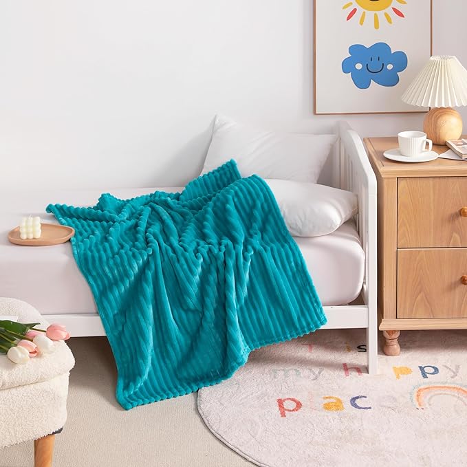 NTBAY Flannel Fuzzy Toddler Blanket, Fluffy Warm and Lightweight Reversible Stripes Design Baby Plush Blanket, 30x40 Inches, Turquoise