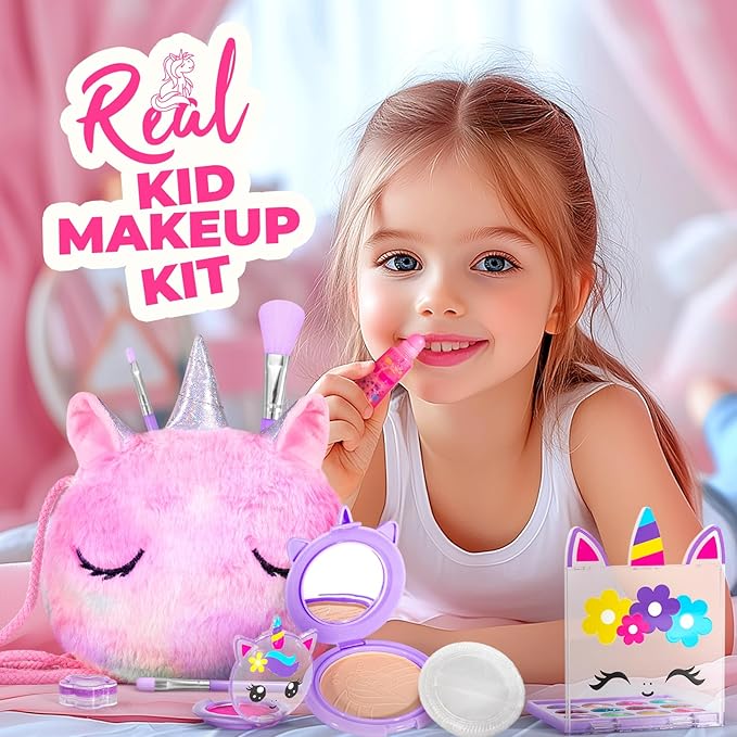 ULOVEME Kids Real Makeup Kit for Girls with Fluffy Purse - Real, Non Toxic, Washable Make Up Toy - Umicorn Toys Gift for 3 4 5 6 7 8 Years Old Girls Birthday