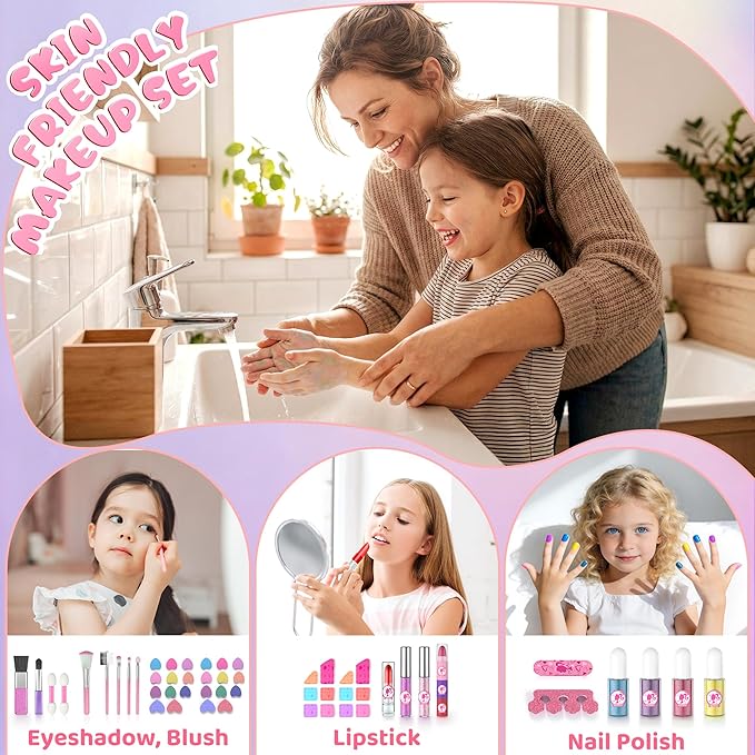 PERRYHOME Kids Makeup Sets for Girls 5-8, 57 Pcs Washable Real Cosmetic Set, Non-Toxic Toddler Makeup Toys, Girls Makeup Kit, Princess Toys & Birthday Gifts for 3 4 5 6 7 8+ Years Old (Pink)