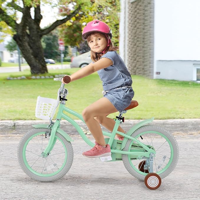 BABY JOY Kids Bike, 12 14 16 18 20 Inch Boys Girls Bike w/Adjustable Seat, Removable Basket, Handbrake & Coaster Brake, Training Wheels or Kickstand, Kids Bicycle with Multi-Color