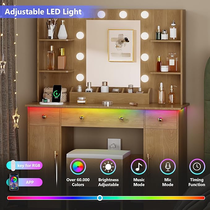 Vanity Desk with Mirror and Lights, Wood Makeup Vanity with Charging Station & Stool, 3 Drawers and Cabinets, Farmhouse Vanity Mirror with RGB LED Lights Makeup Desk and Chair for Women