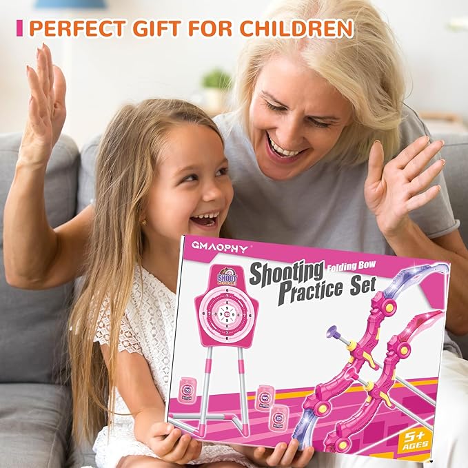 GMAOPHY 2 Pack Bow and Arrow Toy for 5 6 7 8 9 10 11 12 Year Old Boys, Birthday for Kids, Indoor Outdoor Sport Games Toys for Ages 4-8 8-12, LED Light Up Archery Set with 20 Toy Arrows (Pink)