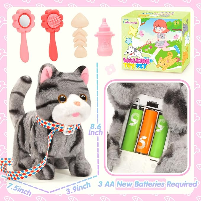 Plush Cat Toys for Kids with Leash, Interactive Plush Kitty Can Walk,Meow, and Wag Tail, Realistic Toys Pet Christmas Birthday Gifts for Boys and Girls