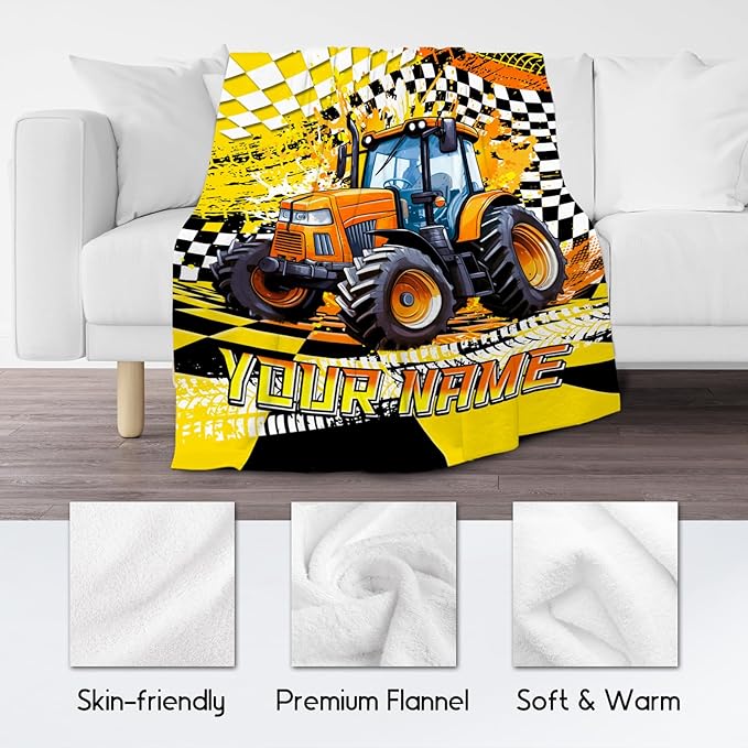 Custom Boys Blanket, Tractor Blankets for Kids Age 6-8, Personalized Car Gifts with Name, Cozy Fleece Throw for Couch & Sofa, 30"x40"