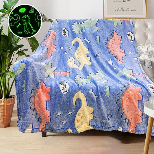 Personalized Dinosaur Blanket for Boys - Glow in The Dark, Soft Fleece Throw for Kids and Toddlers, Birthday Gift 40"x 50"