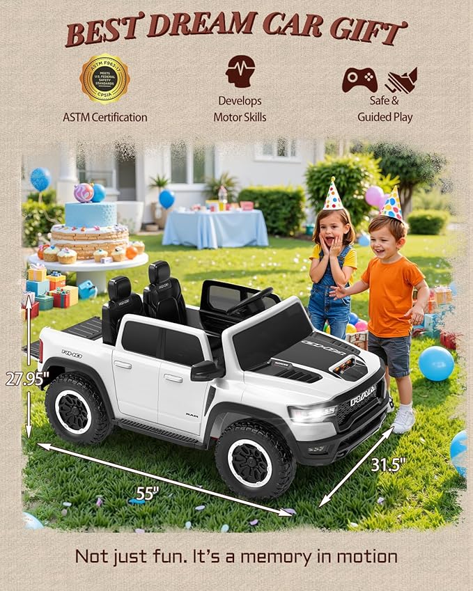 2 Seater Electric Car for Kids, Licensed RAM 1500 RHO 24V Ride on Truck w/Remote Control, Toddler Ride on Toys w/Bluetooth, LED Lights, Spacious Truck Bed, Gear Shifter & Soft Start (White)